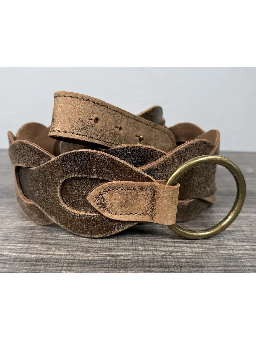 Old Navy Women’s Genuine Leather Braided Belt L/XL Brown Bronze O Ring Y2K 2006